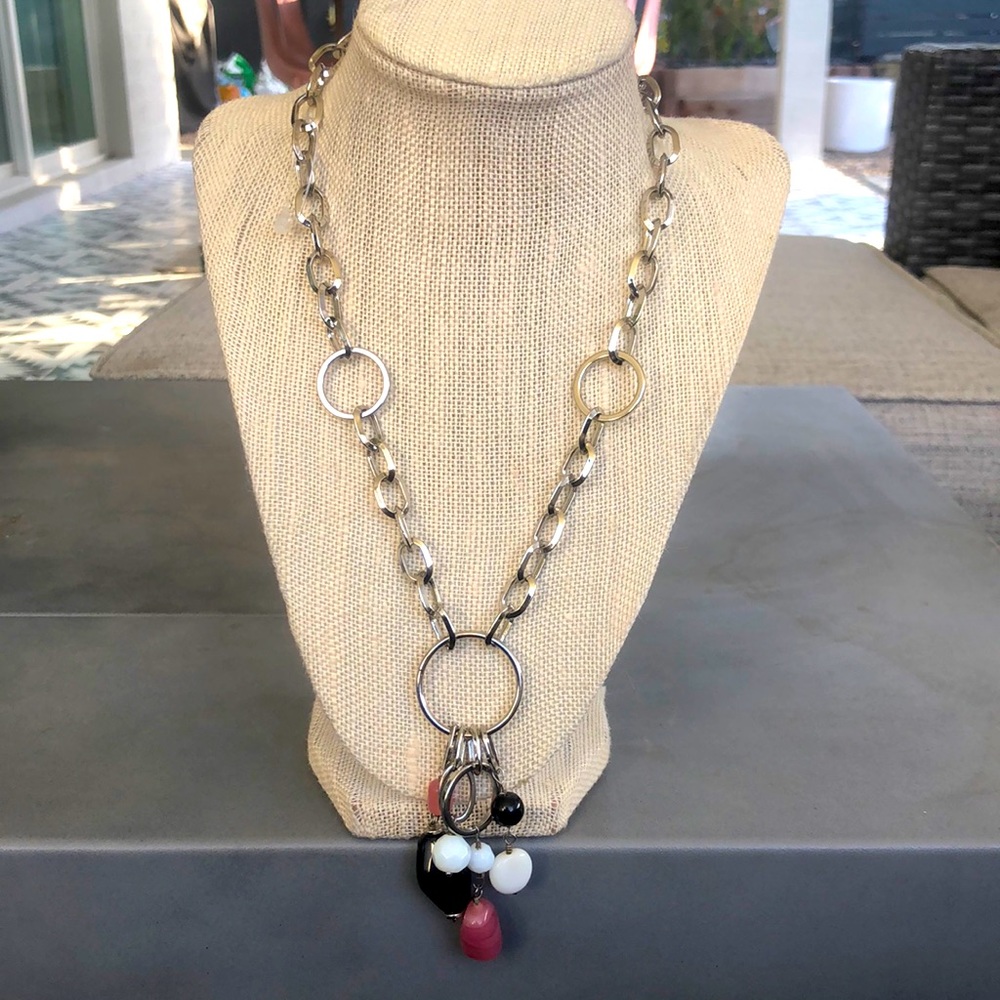 Pink black and white gem stones on silver link chain Lia Sophia necklace